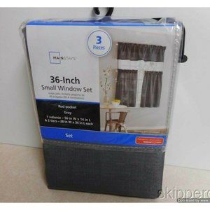 MAINSTAYS 3 PIECES 36" SMALL WINDOW CURTAIN SET GRAY ROD POCKET
